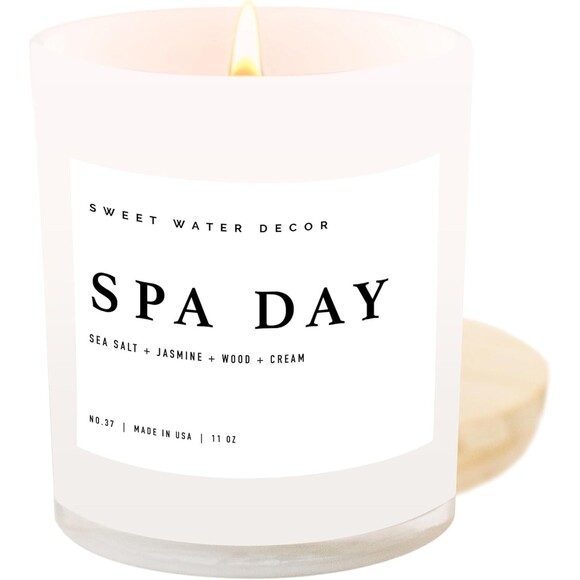 Spa Day Candle –Sweet Water Decor 11oz Soy Jar, Sea Salt Jasmine Wood Cream, USA - Picture 1 of 8